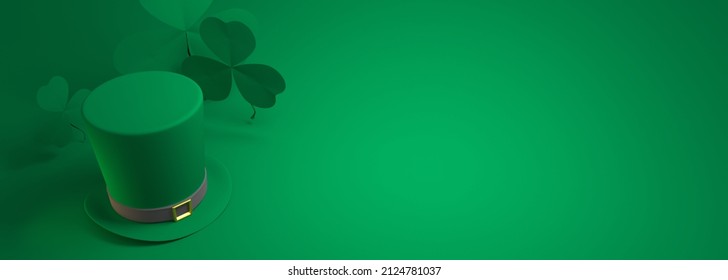 St. Patricks Day greeting card template. Shamrock leafs and green leprechaun top hat. Top view. 3D render