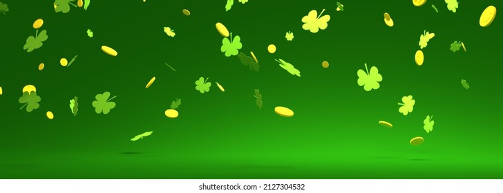St. Patricks Day greeting card template. Shamrock leafs and golden coins. 3D render