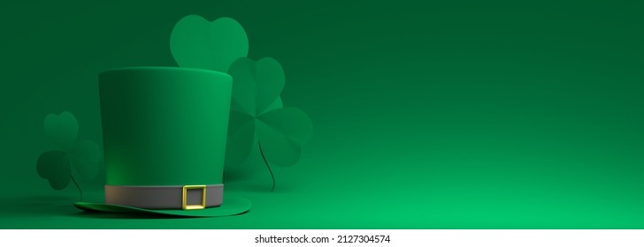 St. Patricks Day greeting card template. Shamrock leafs and green leprechaun top hat. 3D render
