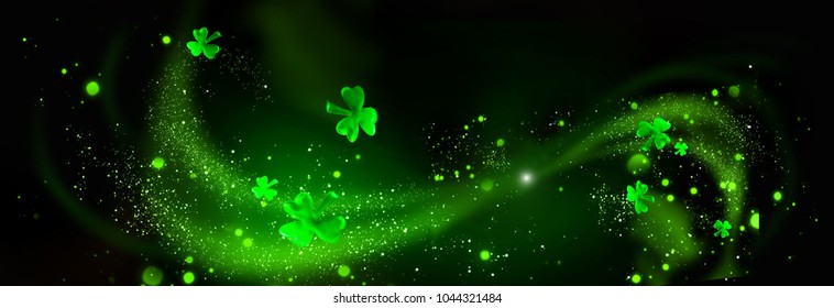 St. Patrick's Day leaves on black background. Patrick Day backdrop decorated with shamrock leaves. Patrick Day pub party. Space for your text. Art design, Wide format banner