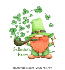 St. Patrick's Day leprechaun with Irish flag smoking good luck clover pipe. Hand drawn watercolor and colored pencil illustration. - Powered by Shutterstock