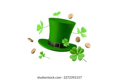 St. Patrick's Day Leprechauns hat with clover and gold coins isolated on white background. 3d rendering - Powered by Shutterstock