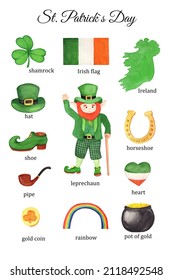 St Patrick`s Day Poster. Educational Poster For Kids. Vocabulary . Shamrock, Leprechaun, Ireland