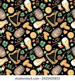 St. Patricks Day Seamless Pattern on a green background: barrel, smoke pipe, harp, clover, coin, rainbow, glass of beer, green hearts. Hand drawn watercolor illustration. For paper, textile, packaging