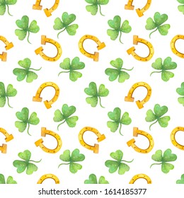 St. Patrick's Day Watercolor Seamless Pattern - Clover, Horseshoe, Pot Of Gold On White Background.