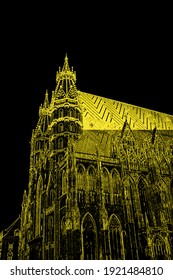 St. Stephen's Cathedral In Vienna. The Old Building In The Gothic Style Is A Masterpiece Of Austrian Culture And The Main Attraction Of The Capital. The Neon Yellow Outline Of A Famous Historic Buildi