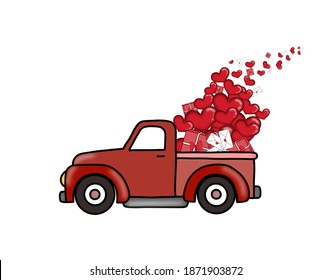 St. Valentine illustration red car with heart balloons, letters, present. Blue and red car with symbols of love. Unusual Valentine's day background. Valentine's day truck. Happy birthday. - Powered by Shutterstock