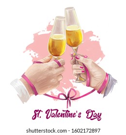 St. Valentines day holiday greeting card with couple man and woman cheers by champagne glasses isolated on white. Digital art illustration postcard on February 14, celebration of romantic party - Powered by Shutterstock