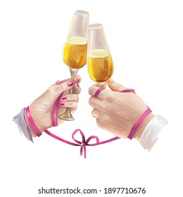 St. Valentines day holiday greeting card with couple man and woman cheers by champagne glasses isolated on white. Digital art illustration postcard on February 14, celebration of romantic party - Powered by Shutterstock