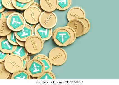 Stablecoins Tether Usdt Cryptocurrency Wallpaper Made Of Many Randomly Placed Coins. High Quality 3D Rendering.