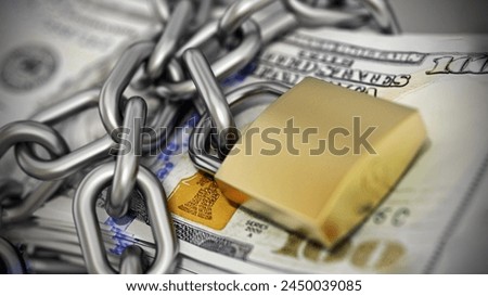 Stack of 100 Dollar bills chained and secured with a padlock. 3D illustration.