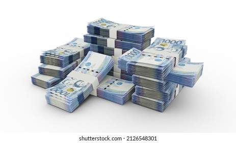 stack of 1000 Philippine peso notes. 3D rendering of bundles of banknotes