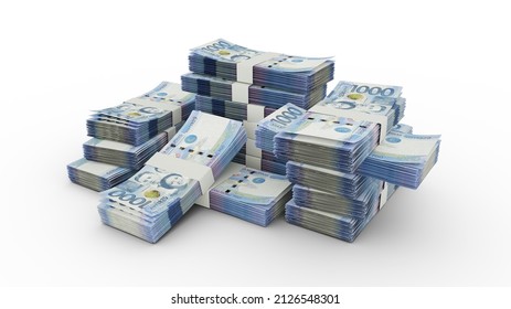stack of 1000 Philippines peso notes. 3D rendering of bundles of banknotes