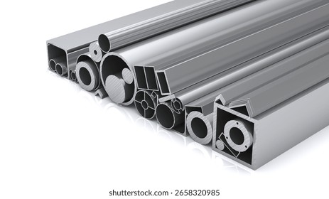 Stack of assorted aluminum industrial profiles
