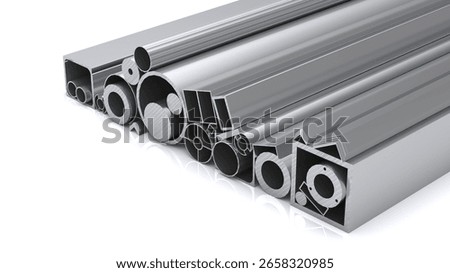 Stack of assorted aluminum industrial profiles

