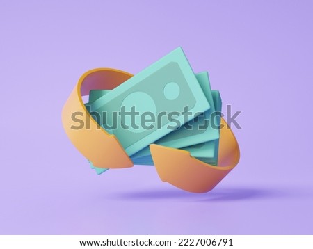 Stack banknotes cashback arrow transaction concept. Online payments floating on purple background. financial income, budget, pay money refund, Minimal cartoon style. 3d rendering illustration