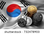 Stack of Bitcoin, Ethereum, Litecoin, Ripple and Monero coins on South Korean flag. Situation of Bitcoin and other cryptocurrencies in South Korea concept. 3D Rendering
