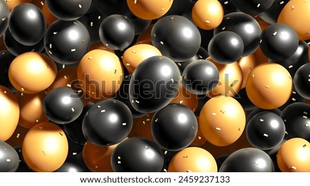 Stack of black and gold round balloons with confetti mockup, 3d rendering. Empty decorative heap of balloon for party mock up. Clear inflatable helium balls bouquet for design. 3D Illustration
