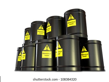 A Stack Of Black Metal Barrels With Yellow Hazardous Waste Labels On Each