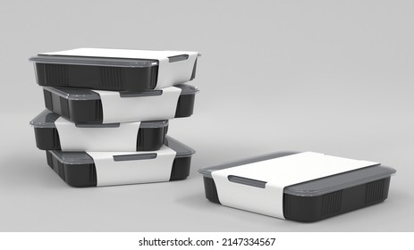 Stack Black Plastic Disposable Food Containers, 3d Render. Realistic Mockup Sushi Delivery Box With Transparent Lid And Blank White Paper Wrap, Meal Lunch Take Away, Rectangle Packaging Template