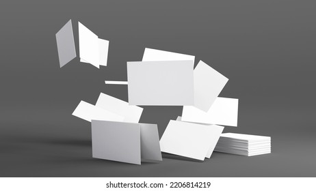 Stack Of Blank White Business Card, Namecard Mockup On Grey Background, Promote Your Company Brand, 3D Rendering.