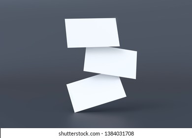 Stack Of Blank White Business Cards Falling At Black Background, 3d Rendering. Namecard Design Mockup. Corporate Branding Mockup.