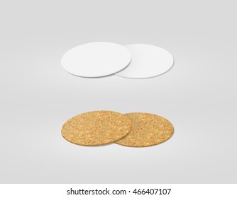 Stack Of Blank White And Cork Textured Beer Coasters Mockup, Clipping Path, 3d Illustration. Round Clear Mug Mat Design Mock Up. Circle Cup Rug Display, 2 Side Set. Bottle Plain Coaster