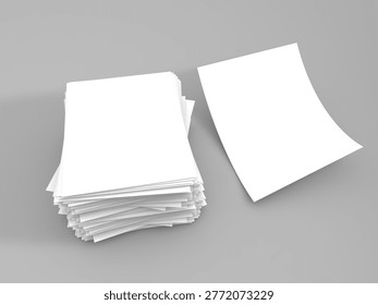 A stack of blank white sheets of paper sits next to a single sheet that is slightly tilted. The setting has a gray background with good light coming in making the sheets clear to see.