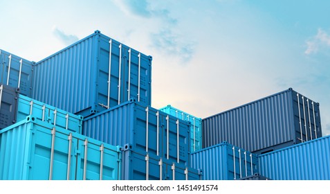 Stack of blue containers box, Cargo freight ship for import export logistics 3D rendering