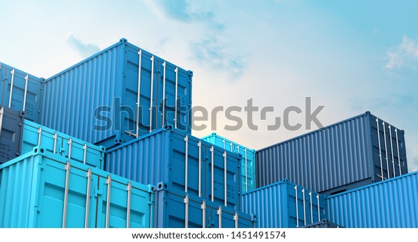 Stack of blue containers box,\
Cargo freight ship for import export logistics 3D\
rendering