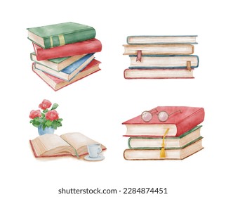 Stack of books with bookmark and glasses. Hand drawn literature for reading and study. Watercolor illustrations set isolated on white background.
