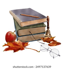 A stack of books with a bookmark and a shiny school bell. Autumn leaves, 
 round glasses and red apple. Watercolor illustration isolated on white background. School supplies Back to school - Powered by Shutterstock