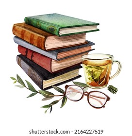 Stack books  cup tea   glasses  Watercolor illustration  Book lover  day knowledge  Hand  drawn