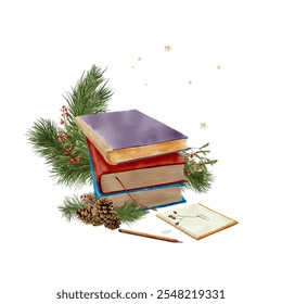 Stack of books and fluffy pine branches nearby. Watercolor digital illustration. Notebook and dry twigs, pine cones isolated on white background. Bright Christmas winter berries on branches