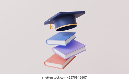 Stack of books, graduate cap in fall, reading books for education, admission to a school or university