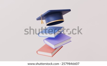 Stack of books, graduate cap in fall, reading books for education, admission to a school or university