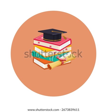 Stack of books with graduation cap and diploma, symbolizing education and achievement.