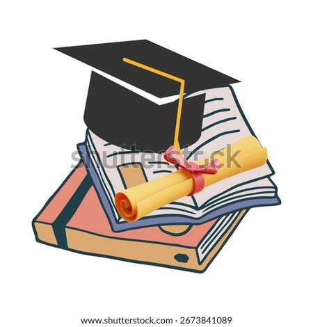 Stack of books with graduation cap and diploma, symbolizing education and achievement.