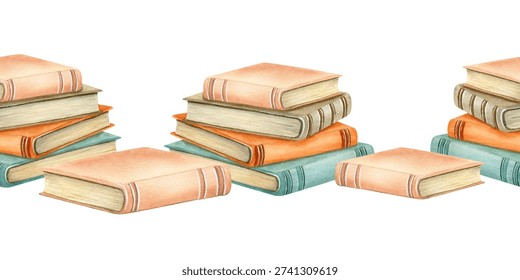 Stack of books an old cover, yellowed pages seamless border. Set of literature, pile of textbook for education. Encyclopaedia bestseller. Watercolor illustration in vintage style for your design.