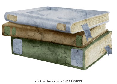 Stack of Books on a white isolated background. Watercolor illustration of school Textbook and Notebook. Hand drawn pile vintage spellbooks and fairytale. Drawing clip art of paper diary in a library.
