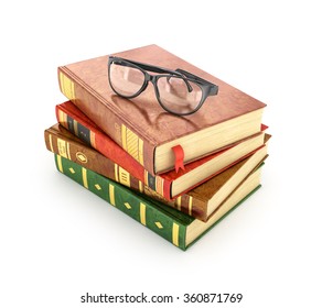 Stack of books with a pair of eyeglasses on top.