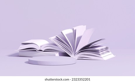 Stack of books with podium isolated on pastel purple background. book concept. Minimal style. 3D rendering for web page, audition, presentation or picture frame backgrounds.
