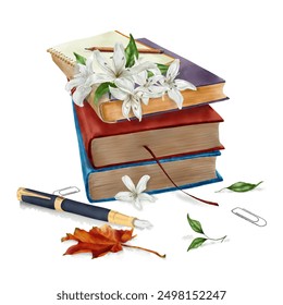 A stack of books stacked one on top of the other. Watercolor illustration,  on a white background. A stack of school textbooks and pencils. Watercolor clipart with books and autumn leaves.
