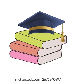 Stack of books topped with a graduation cap, symbolizing education and achievement.