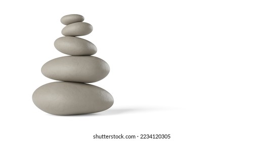 Stack of brown balancing zen pebbles or stones on white background with copy space, 3D illustration, zen, spa or beauty therapy concept, 3D illustration