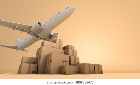 Stack Of Brown Box Packaging And Airplane, Import Export Shipping Business Worldwide, 3d Rendering