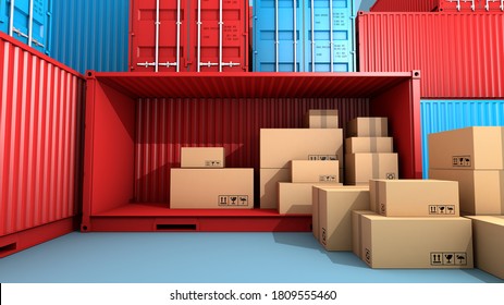 Stack Of Brown Box Packaging And Container, Import Export Shipping Business, 3d Rendering