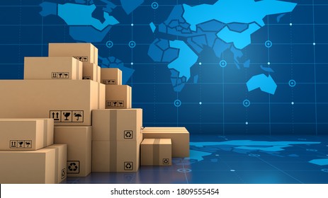 Stack Of Brown Box Packaging For Goods, Import Export Shipping Business Worldwide, 3d Rendering