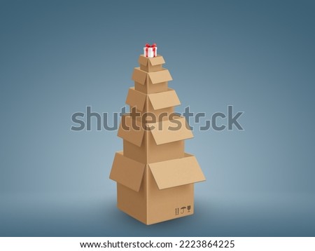 Stack of brown carton cardboard boxes with Christmas gift on top over light sky blue background, Christmas shopping or online ordering concept