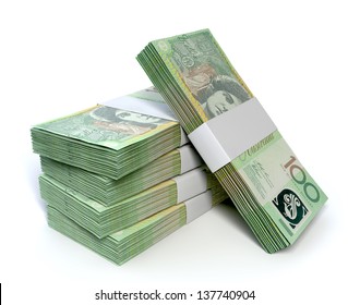 A stack of bundled one hundred australian dollar notes on an isolated background